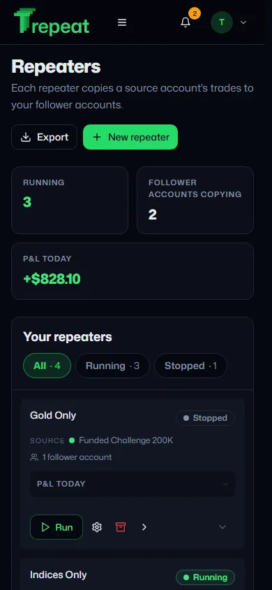 Trepeat Repeaters page on a phone
