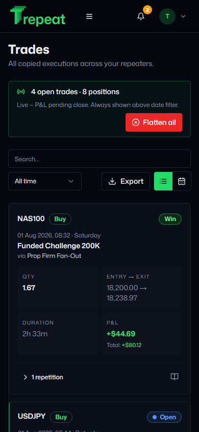Trepeat Trades screen
