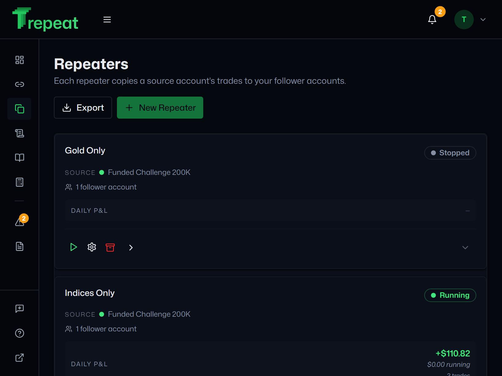 Trepeat Repeaters screen